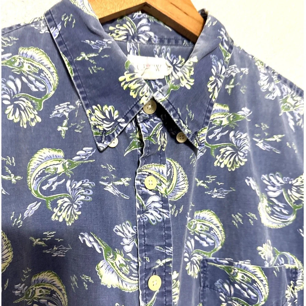 VTG J. Crew Oarsman Blue Marlin Fishing Short Sleeve‎ Camp Shirt Xl Floral Beach